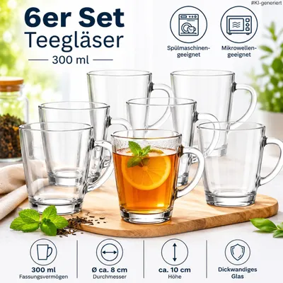 Produktbild von 6er Set Teegläser Teetassen Glastassen Trinkgläser mit Henkel - 300ml (Klar)