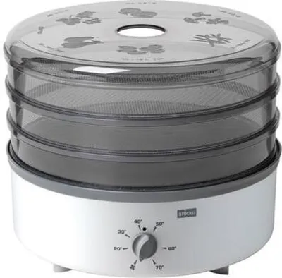 A food dehydrator with multiple trays and a clear lid, placed on a white background.