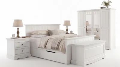 Produktbild von Schlafzimmer-Set Belluno Elegante 7-teilig Massivholz Ausführung wählbar Kiefer weiß lackiert,Kleiderschrank mit Spiegel