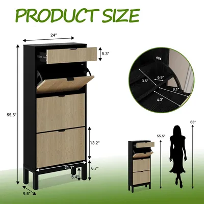 Produktbild von Schuhschrank - Schmales Schuhregal mit 3 Klapptüren - Holz und Metall - Mit Schublade - Platzsparend für Flur - Schwarz Eiche