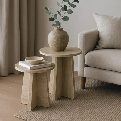 Produktbild von Travertin Runden Nesting Tisch Set von 2 Moderne Couchtisch für Wohnzimmer Side / End Tabelle (Runden)