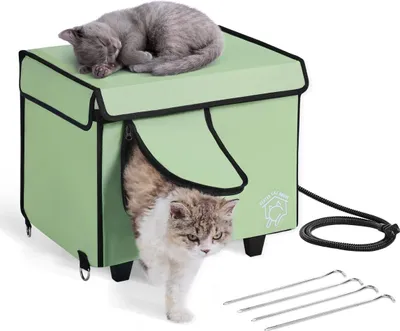 Image de Maison chauffée surélevée pour chat Abri cubique pour chat avec coussin chauffant Vert (S)