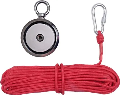 A magnet fishing kit with a round neodymium magnet and a red rope, laid out on a white background.