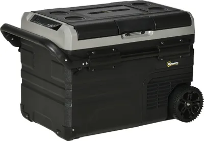 A black and gray cooler with wheels and a handle.