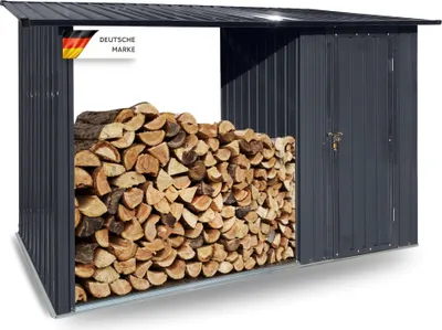 Produktbild von Albatros Profi Gerätehaus M –Geräteschuppen mit Holzunterstand für 2,3m³ Holz, verzinktes Metall in Anthrazit (RAL 7016) | 266x127x161cm | wetterfest