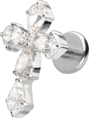 Produktbild von Ohrpiercing, Nasenpiercing Titan Labret mit Push Fit KRISTALLKREUZ Silber Stablänge: 6mm | Stabstärke: 1,2mm