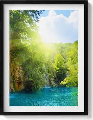 Produktbild von Blaue Lagunenlandschaft– Wandbild mit Rahmen – Gerahmtes Bild  – Wanddekoration – 60x80 cm –  Schwarz Rahmen