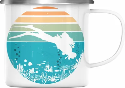 Produktbild von Trendation - Taucher Grafik Emaille Tasse Geschenk für Tauchlehrer Geschenkidee Lustig Tauchen Tauchsport Wasser (Silber)
