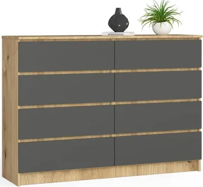 Image de BDW, Commode avec 8 tiroirs, 138x40x99 cm, K140, Chêne Artisan / Gris