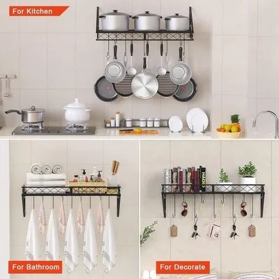 Produktbild von Hängendes Küchenregal mit Haken – Robustes und langlebiges Topfregal für Töpfe und Pfannen – Multifunktionales Küchenwandregal 70 x 28 x 23 cm – Schwarz