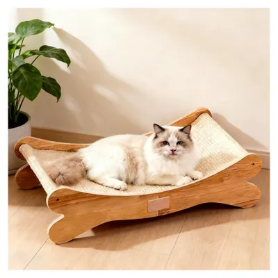 Produktbild von Sisal Kratzbrett für Katzen, Sisal Pad mit 160° gebogenem Design, Gummibaumholz Kratzmöbel für Katzen zum Spielen und Entspannen (59X31.5X16cm)