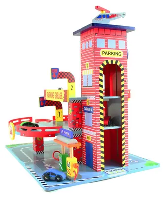 Produktbild von Mentari Holzgarage rot - Spielzeug Parkhaus mit Aufzug