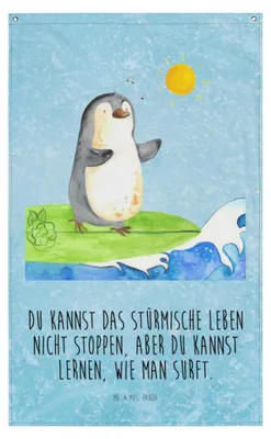 Produktbild von Mr. & Mrs. Panda Wandteppich Pinguin Surfer - Eisblau - Geschenk, Tapisserie, Urlaub, Boho, Hawaii, Portugal, Optimistisch, Motiviert, Wandbild, Gobelin, Wandtuch