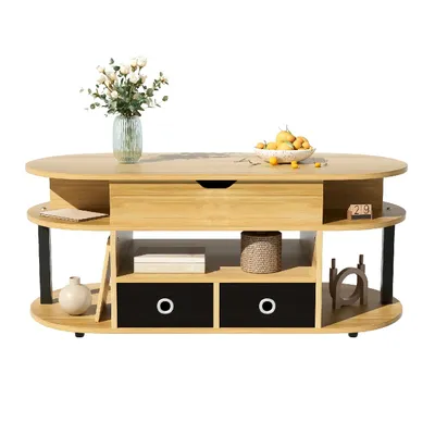 A modern wooden coffee table with storage.