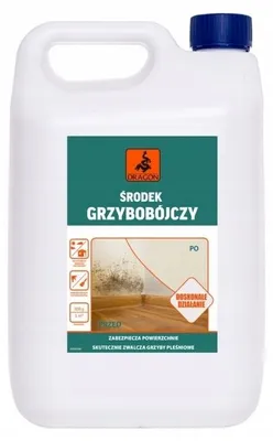 A white plastic bottle of cleaning product with a label showing mold on a wall.