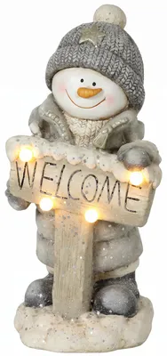 Produktbild von Weihnachtsdeko Schneemann-Figur, beleuchtete Weihnachtsstatue aus MGO mit Welcome-Schild, LEDs und Tages-Timer
