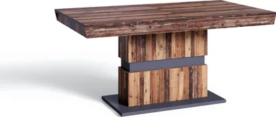 Produktbild von byLIVING Esstisch Matthew, 160-215x90 cm, Tischplatte und Säule Melamin Old Navy mit Applikation in dunkelgrau, Bodenplatte Melamin dunkelgrau