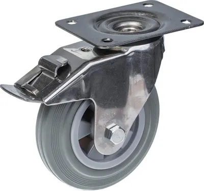 Produktbild von 160mm 6" Edelstahl-Rolle grau Gummi, drehbar mit Bremse, 135kg