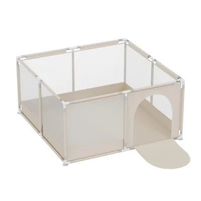 Image de Tulano Cozy 20 Parc avec fond pour enfants, intérieur & extérieur, cadre métallique, côtés en filet, pieds antidérapants, beige