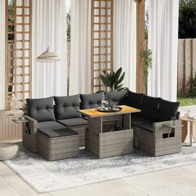 Produktbild von Design 8-tlg. Garten-Sofagarnitur mit Kissen Grau Poly Rattan, Gartenmöbel-Sets 2024 Neu