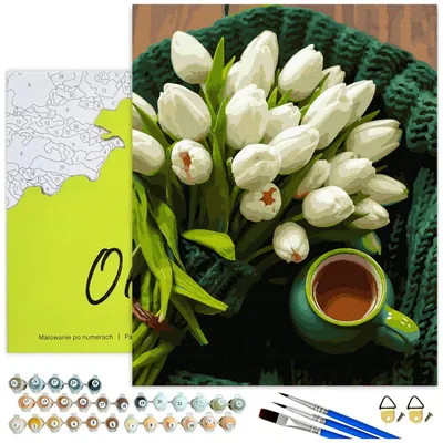 Produktbild von Malen nach Zahlen Erwachsene Weiße Tulpen und Teetasse mit Rahmen 40x50 cm