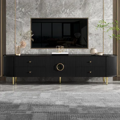 Produktbild von okwish Rundes TV-Lowboard mit Vier Schubladen und Metall-Türgriff, TV-Schrank mit Kabeldurchlass,Wohnzimmerschrank,Schwarz