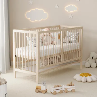 Produktbild von Merax Babybett Kinderbett 60x140cm, Höhenverstellbar Gitterbett, Sicherheitsbarriere, Malerbrettständer, Umwandelbar in Nebenbett, Schreibtisch, Natur