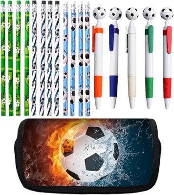 Produktbild von Fußball Schreibset, 5 Kugelschreiber, 12 Buntstifte, 1 Federmäppchen, für Schule und Kinder