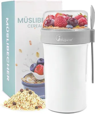Produktbild von Famanu Müslibecher To Go mit Löffel - Auslaufsicherer Joghurtbecher und Snackbecher für Kinder - 760 ml & 230 ml