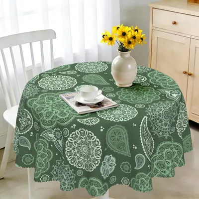 Zdjęcie produktu dla Obrus okrągły, średnica 150 cm, odporny na warunki atmosferyczne, łatwy do czyszczenia, wykonany z poliestru, wzór paisley, kolor zielony, do użytku na zewnątrz