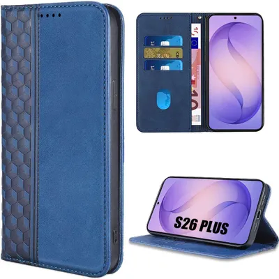 Image de Coque pour Samsung Galaxy S26 Plus, Protection Antichoc Synthécuir Bleu Marine Motif Mosaïque avec Porte-Cartes