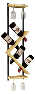Produktbild von Wand Holz Weinregal mit Glashalter: Schmales Design-Flaschenregal mit Metallrahmen für 4 Weinflaschen und 4 Weingläser - Weinflaschenhalter Wandmontage für Wohnzimmer Bar Küche