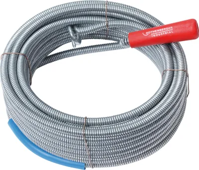 Produktbild von ROTHENBERGER Industrial Rohrreinigungsspirale, 10 m, Ø 9 mm, Federstahl, mit Rueckholbohrer & Handkurbel, fuer Kunststoff-, Guss- & Steinzeugrohre