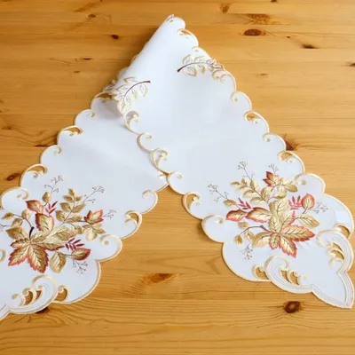 Productafbeelding van Tafelkleed, bladeren, kleurrijk, herfstbladeren, geborduurd, 25x160 cm, beige
