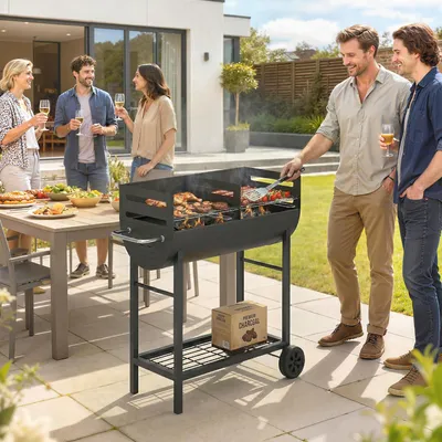 Produktbild von Holzkohlegrill Grillwagen mit 2 Grillzonen, BBQ Holzkohle Grill, höhenverstellbarer Rost, Schwarz | 103 x 46,5 x 100 cm | Holzablage, Räder | 17,45 kg