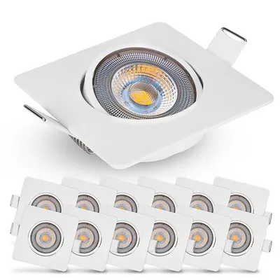 Productafbeelding van Inbouwspots 230V, 5W / 450lm, 50° kantelbaar, inbouwspots warmwit 3000K | Platte LED inbouwspot, 68mm boorgatdiameter | Set van 12 LED spots 230V, vierkante inbouwlampen (wit)