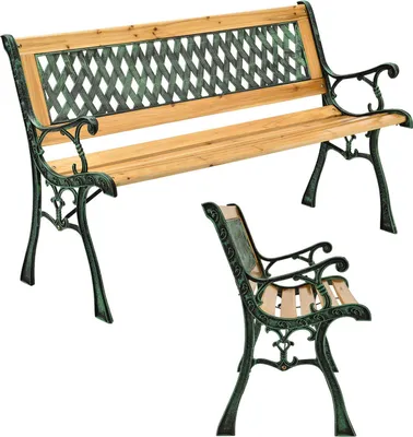 Two garden benches, one larger and one smaller, are displayed against a white background.