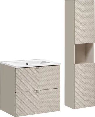 Produktbild von Badezimmerschrank 60 cm Kaschmir mit Waschbecken und Hochschrank