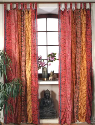 Produktbild von Boho Patchwork Vorhänge, 1 Paar Bohemia Gardine aus Sareestoff, Unikat 250 cm - Orange, Polyester, Dekovorhänge