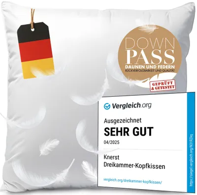 A white pillow with feathers and a review badge.
