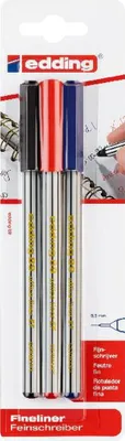 A package of three Edding fineliner pens in black, red, and blue.