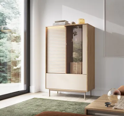 Produktbild von Vitrine TILIA TI1 Standvitrine, Wohnzimmermöbel, Stauraum, Beleuchtung (Eiche + Cashmiere)