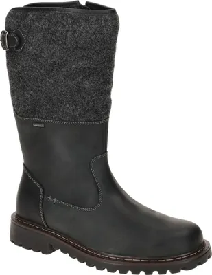 A single black leather and grey felt boot is shown against a white background.