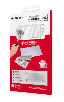 The image shows the packaging of a tempered glass screen protector for the Nintendo Switch OLED model.