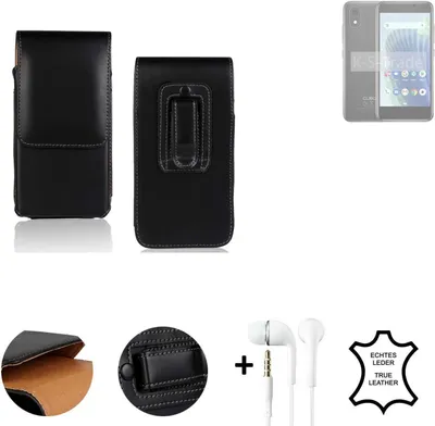 Produktbild von K-S-Trade Leder Gürteltasche + Kopfhörer kompatibel mit Cubot J20 Seitentasche Belt pouch Holster Handyhülle Schutz Hülle Etui schwarz 1x