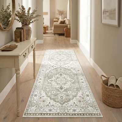 Immagine prodotto di Omgoods - Tappeto vintage antiscivolo e lavabile - Tappeto da salotto bohémien, 60 x 180 cm, color beige