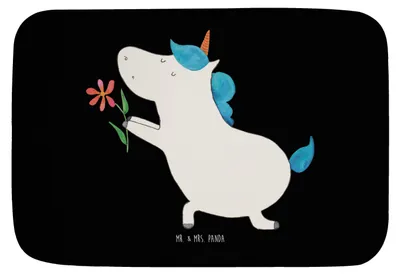 Produktbild von Mr. & Mrs. Panda Badematte Einhorn Blume - Schwarz - Geschenk, Badvorleger, Badteppich, duschmatte, Einhörner, Badezimmerteppich, Badläufer, Freundin, Teppich Bad, Ehe