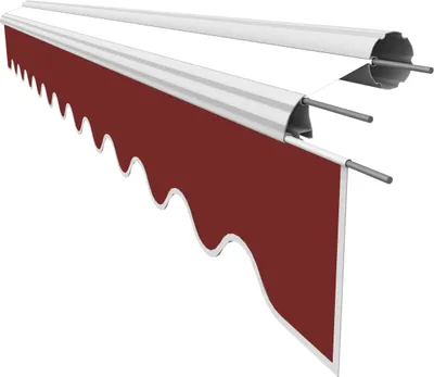 A close-up, angled view of a red awning with a scalloped edge, attached to a white housing.