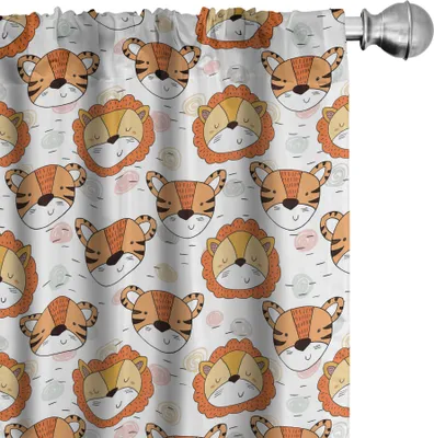 Produktbild von ABAKUHAUS Safari Vorhänge, Gardinen, Zoologie-Themamuster mit Tiger-und Löweköpfen süßer Kinderkindergarten-Gekritzel-Druck, 2 Stück 75 x 225 cm, Mehrfarbig