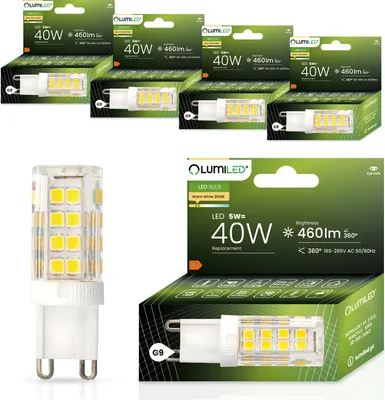 Produktbild von LUMILED LED Lampen G9 5er Set LEDs 5W = 40W 3000K Warmweiß 460lm 360° Lichtwinkel 230V kein Flackern SMD kleine LED Lampen